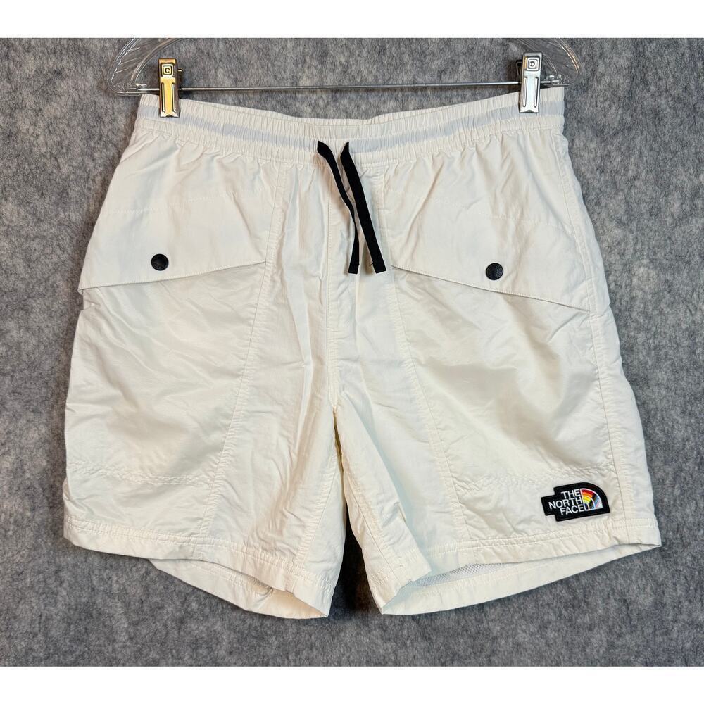 The North Face Mens Nylon Front Pocket Lined White Shorts Rainbow Logo Small